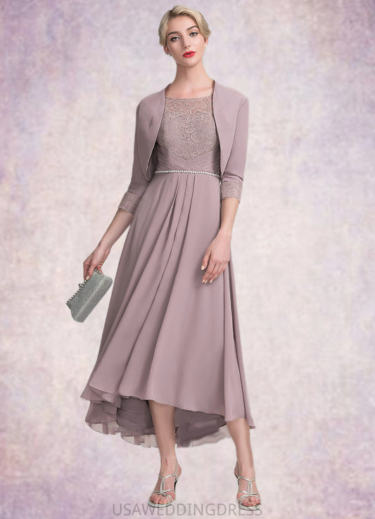 Heidi A-Line Scoop Neck Asymmetrical Chiffon Lace Mother of the Bride Dress With Beading DS126P0014885