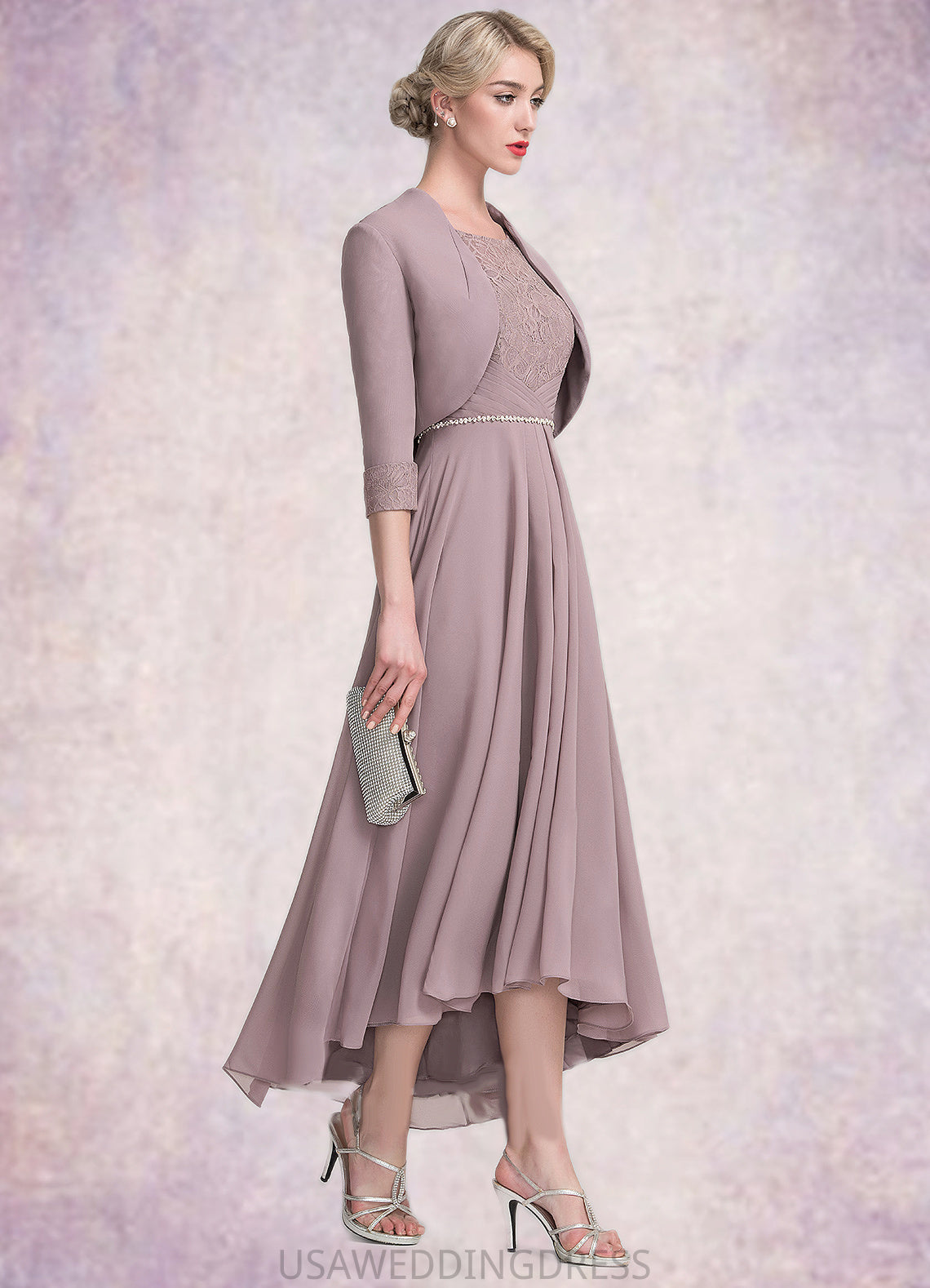 Heidi A-Line Scoop Neck Asymmetrical Chiffon Lace Mother of the Bride Dress With Beading DS126P0014885