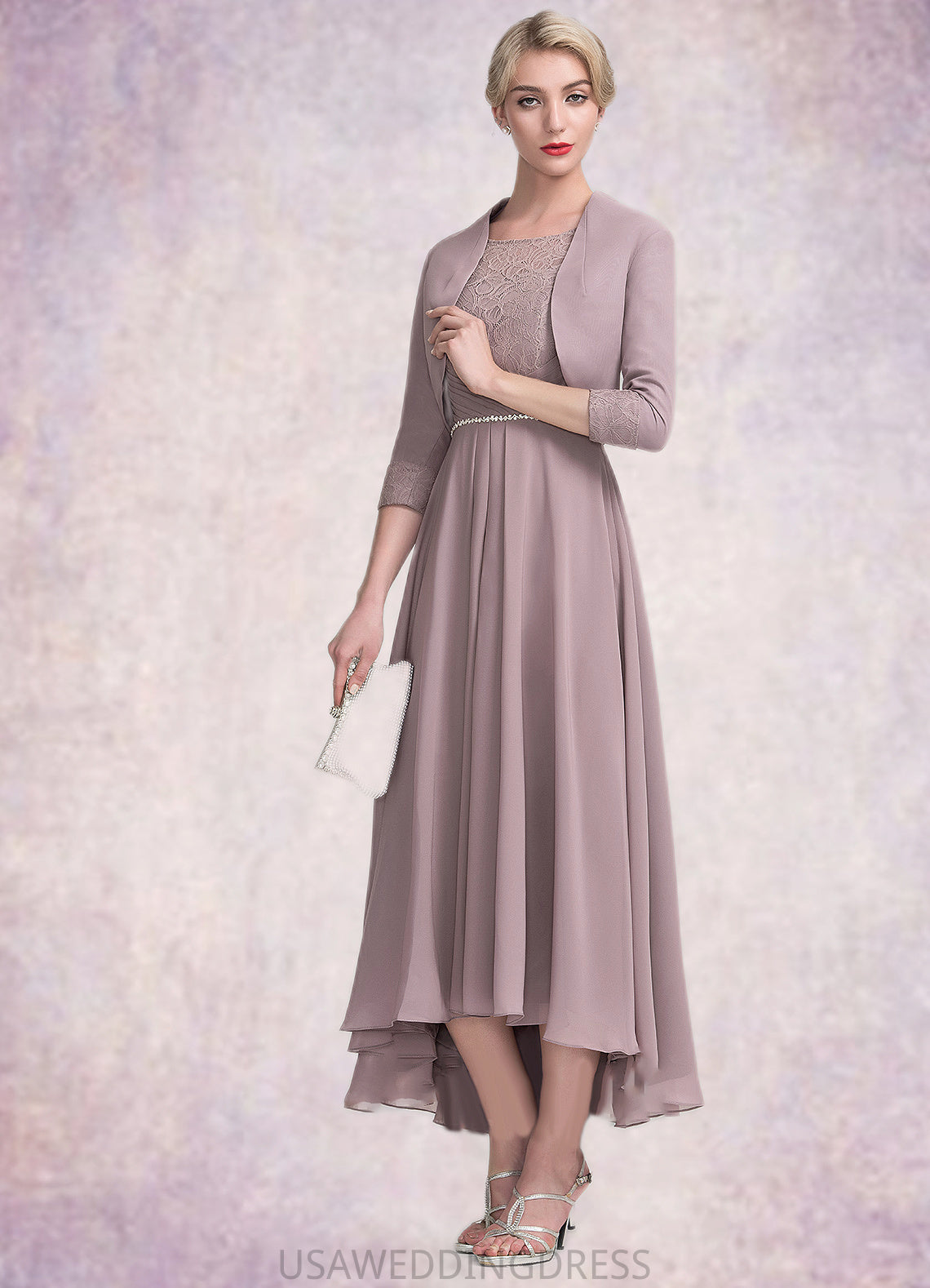 Heidi A-Line Scoop Neck Asymmetrical Chiffon Lace Mother of the Bride Dress With Beading DS126P0014885