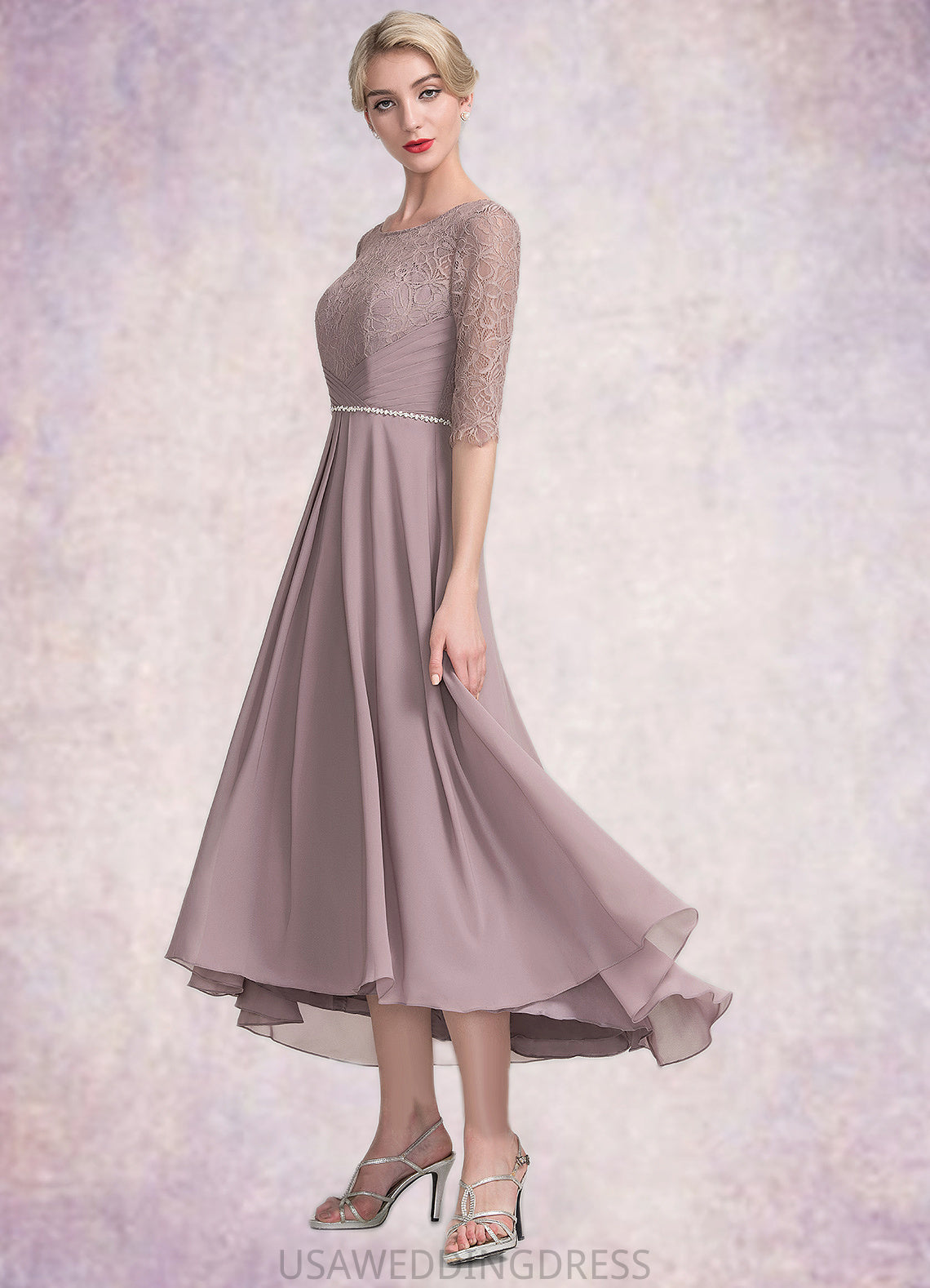 Heidi A-Line Scoop Neck Asymmetrical Chiffon Lace Mother of the Bride Dress With Beading DS126P0014885