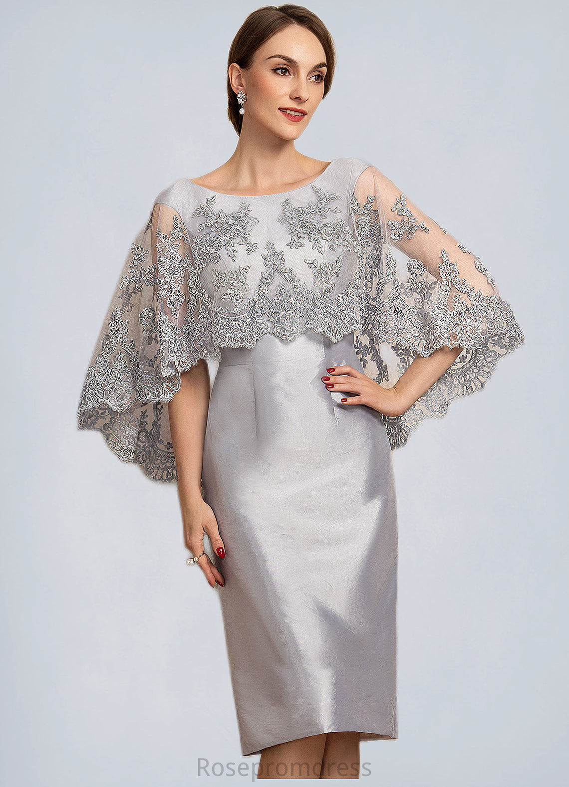 Cierra Sheath/Column Scoop Neck Knee-Length Taffeta Lace Mother of the Bride Dress With Beading Sequins SRS126P0014886