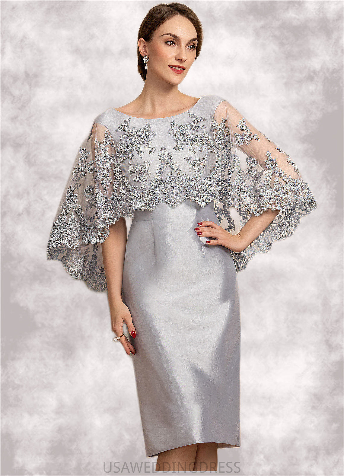 Grace Sheath/Column Scoop Neck Knee-Length Taffeta Lace Mother of the Bride Dress With Beading Sequins DS126P0014886