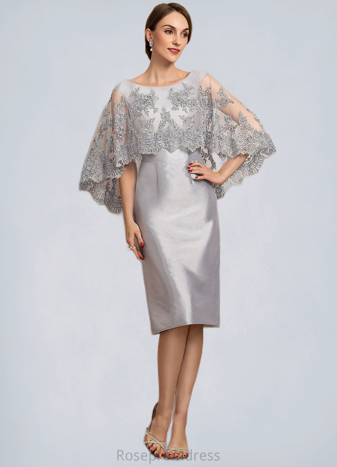 Cierra Sheath/Column Scoop Neck Knee-Length Taffeta Lace Mother of the Bride Dress With Beading Sequins SRS126P0014886