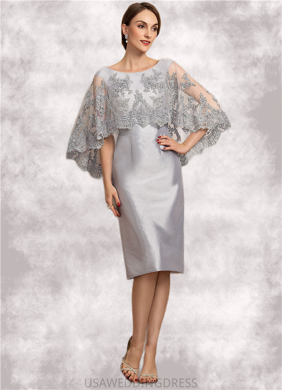 Grace Sheath/Column Scoop Neck Knee-Length Taffeta Lace Mother of the Bride Dress With Beading Sequins DS126P0014886