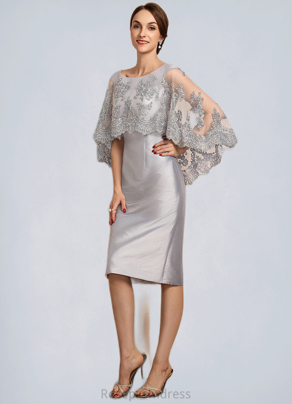 Cierra Sheath/Column Scoop Neck Knee-Length Taffeta Lace Mother of the Bride Dress With Beading Sequins SRS126P0014886