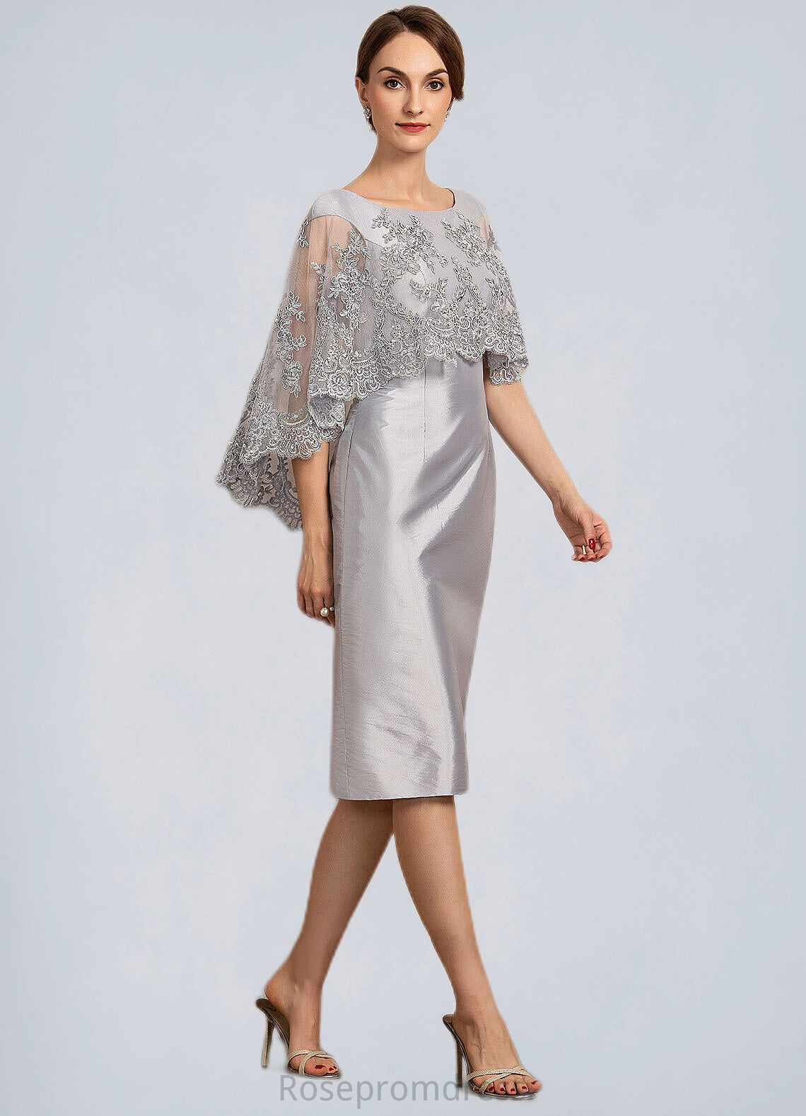 Cierra Sheath/Column Scoop Neck Knee-Length Taffeta Lace Mother of the Bride Dress With Beading Sequins SRS126P0014886