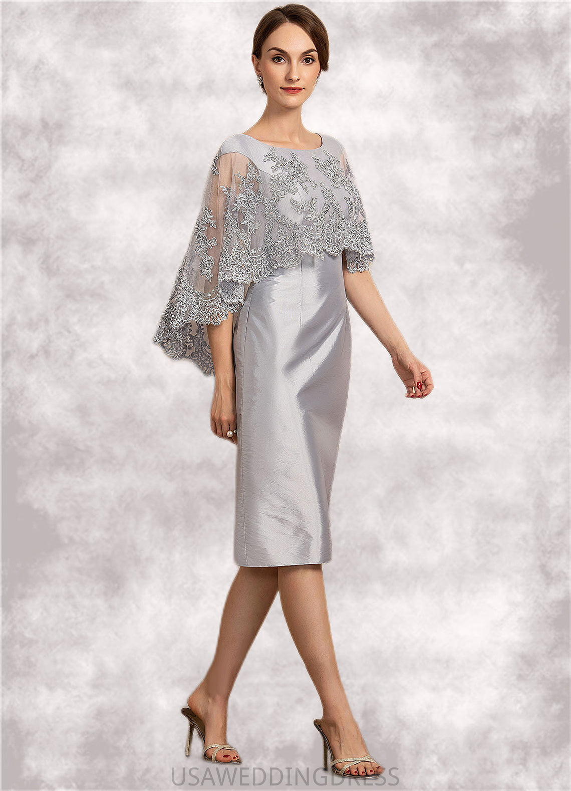 Grace Sheath/Column Scoop Neck Knee-Length Taffeta Lace Mother of the Bride Dress With Beading Sequins DS126P0014886