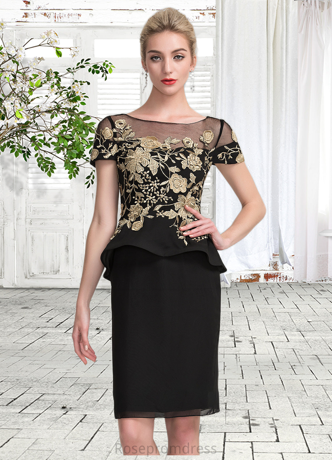 Dania Sheath/Column Scoop Neck Knee-Length Chiffon Mother of the Bride Dress With Lace Cascading Ruffles SRS126P0014887