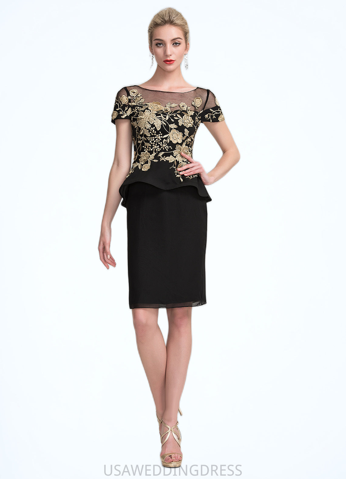 Audrey Sheath/Column Scoop Neck Knee-Length Chiffon Mother of the Bride Dress With Lace Cascading Ruffles DS126P0014887