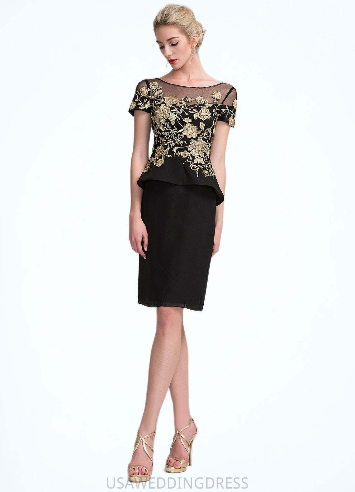 Audrey Sheath/Column Scoop Neck Knee-Length Chiffon Mother of the Bride Dress With Lace Cascading Ruffles DS126P0014887