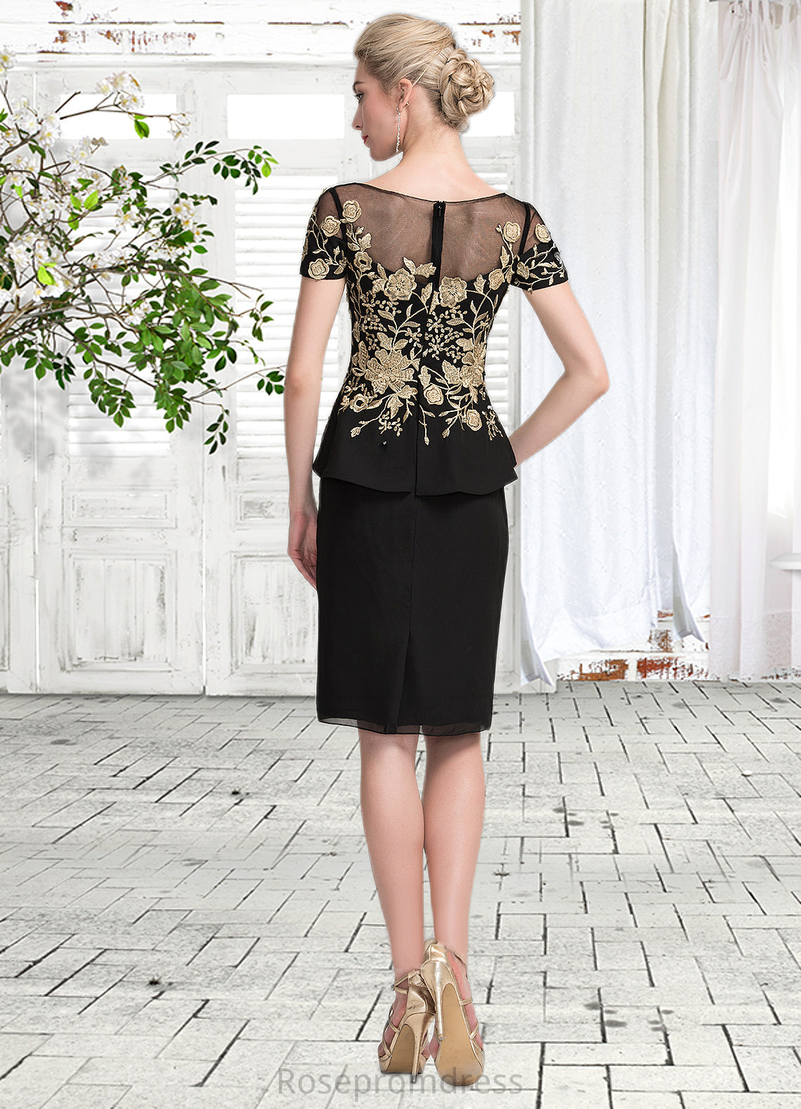 Dania Sheath/Column Scoop Neck Knee-Length Chiffon Mother of the Bride Dress With Lace Cascading Ruffles SRS126P0014887