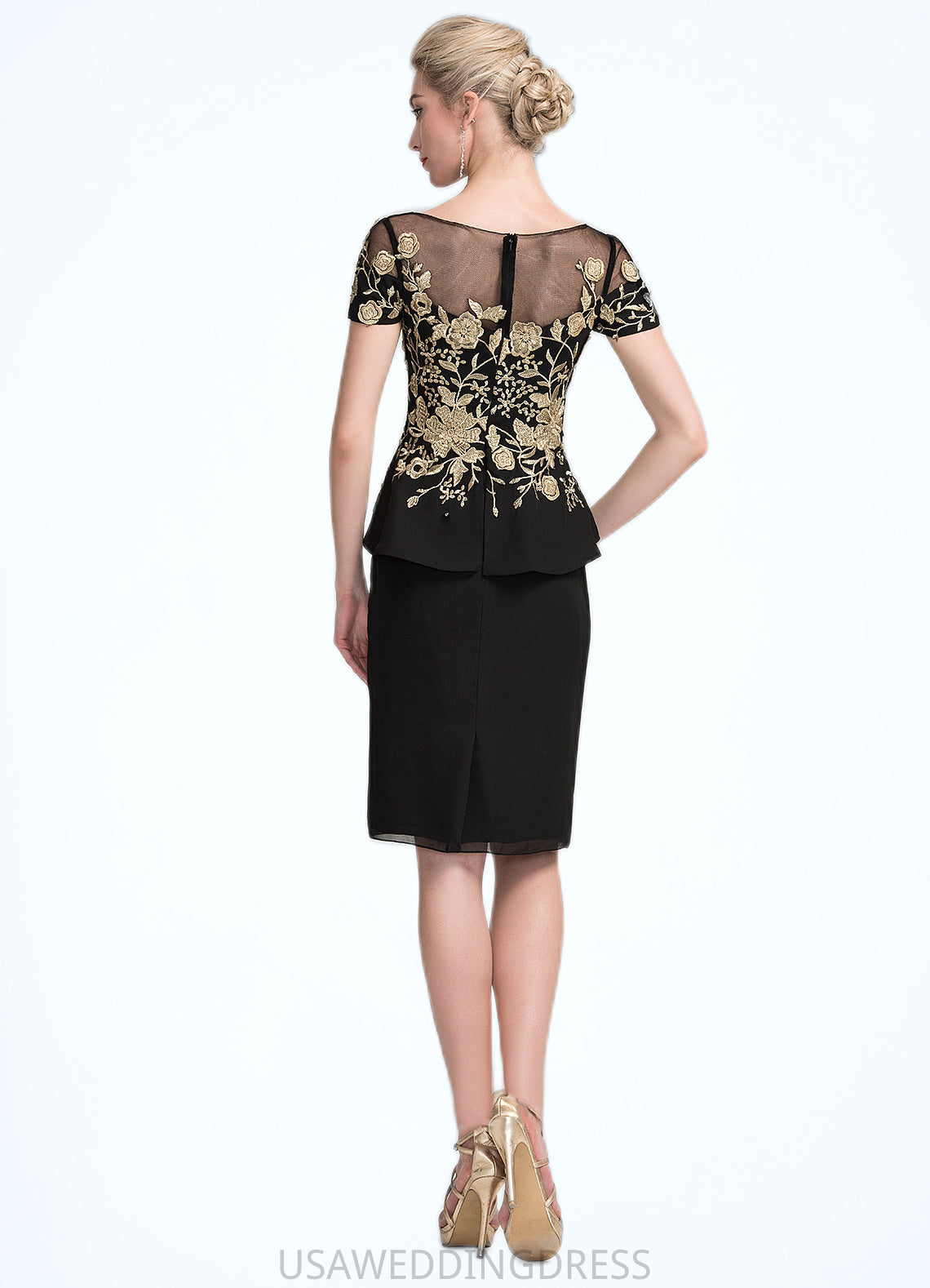 Audrey Sheath/Column Scoop Neck Knee-Length Chiffon Mother of the Bride Dress With Lace Cascading Ruffles DS126P0014887