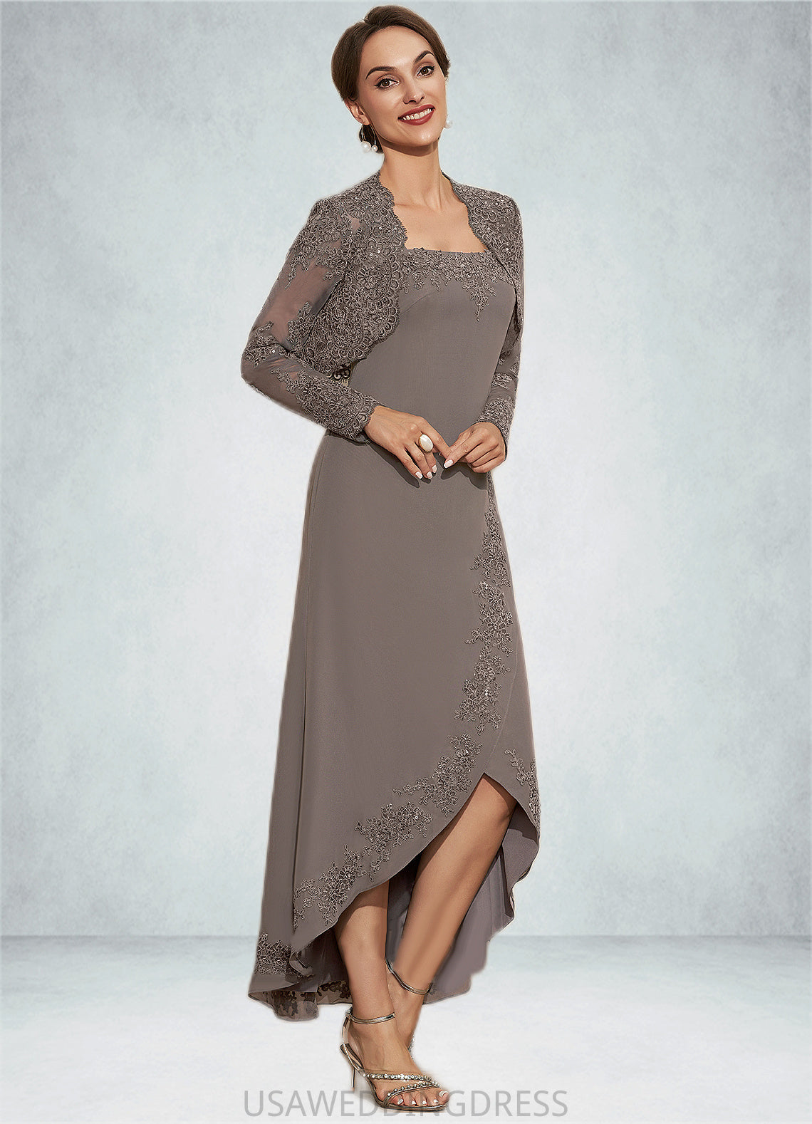 Minnie A-Line Square Neckline Asymmetrical Chiffon Mother of the Bride Dress With Appliques Lace Sequins DS126P0014888