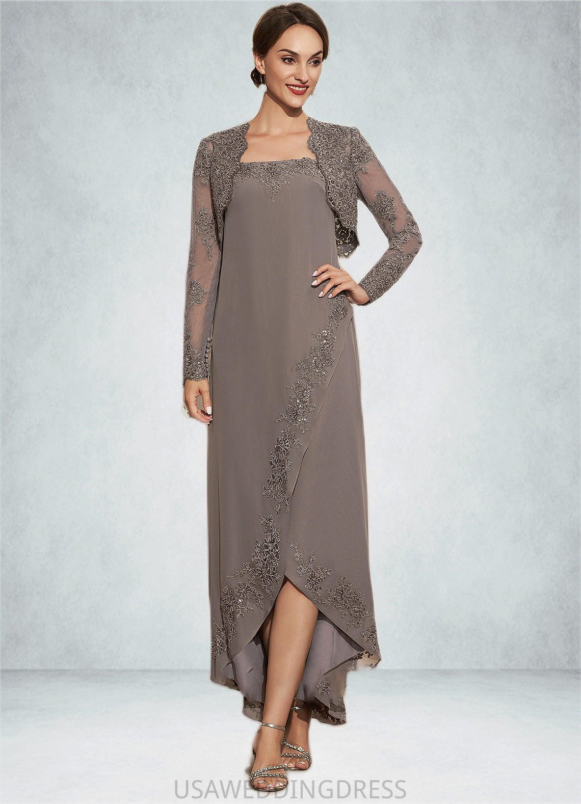 Minnie A-Line Square Neckline Asymmetrical Chiffon Mother of the Bride Dress With Appliques Lace Sequins DS126P0014888