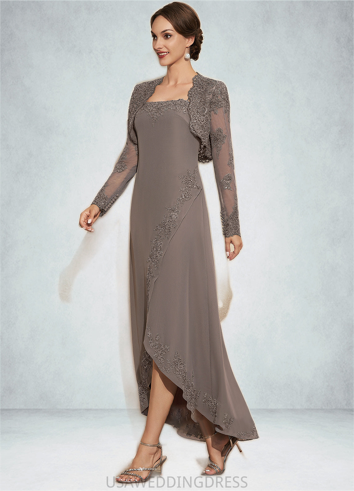 Minnie A-Line Square Neckline Asymmetrical Chiffon Mother of the Bride Dress With Appliques Lace Sequins DS126P0014888