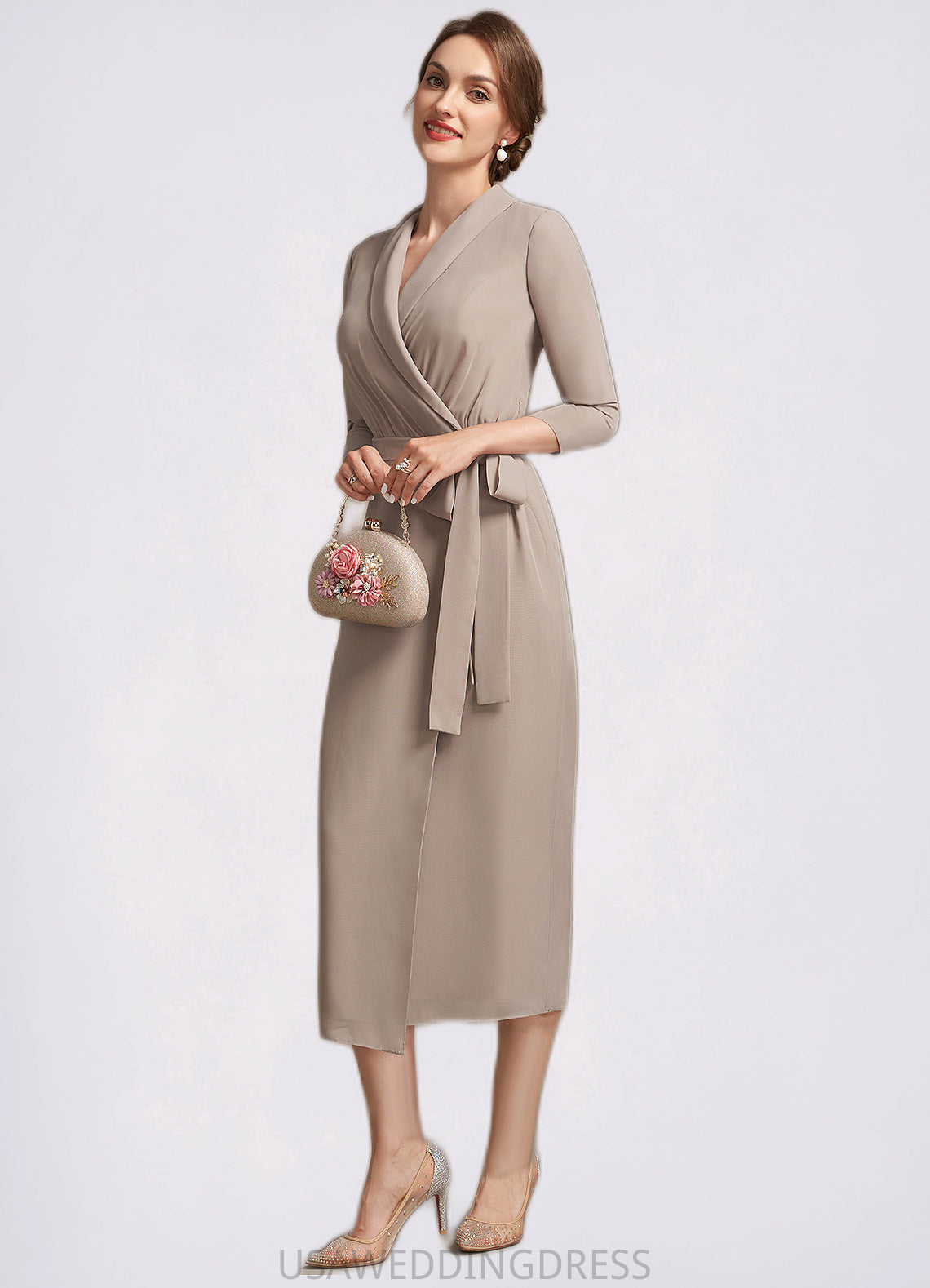 Ivy Sheath/Column V-neck Tea-Length Chiffon Mother of the Bride Dress With Bow(s) DS126P0014891