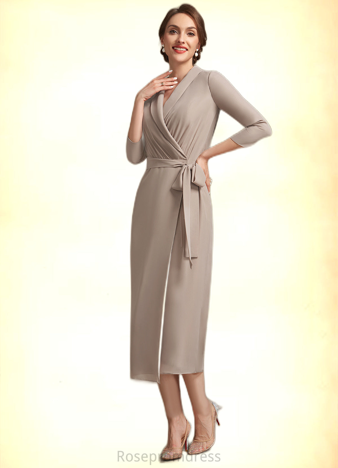 Lia Sheath/Column V-neck Tea-Length Chiffon Mother of the Bride Dress With Bow(s) SRS126P0014891