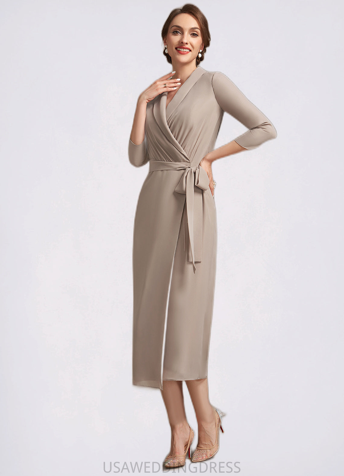 Ivy Sheath/Column V-neck Tea-Length Chiffon Mother of the Bride Dress With Bow(s) DS126P0014891