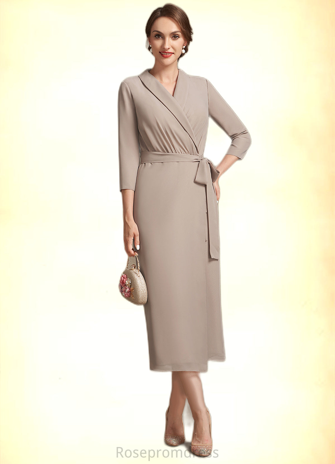 Lia Sheath/Column V-neck Tea-Length Chiffon Mother of the Bride Dress With Bow(s) SRS126P0014891
