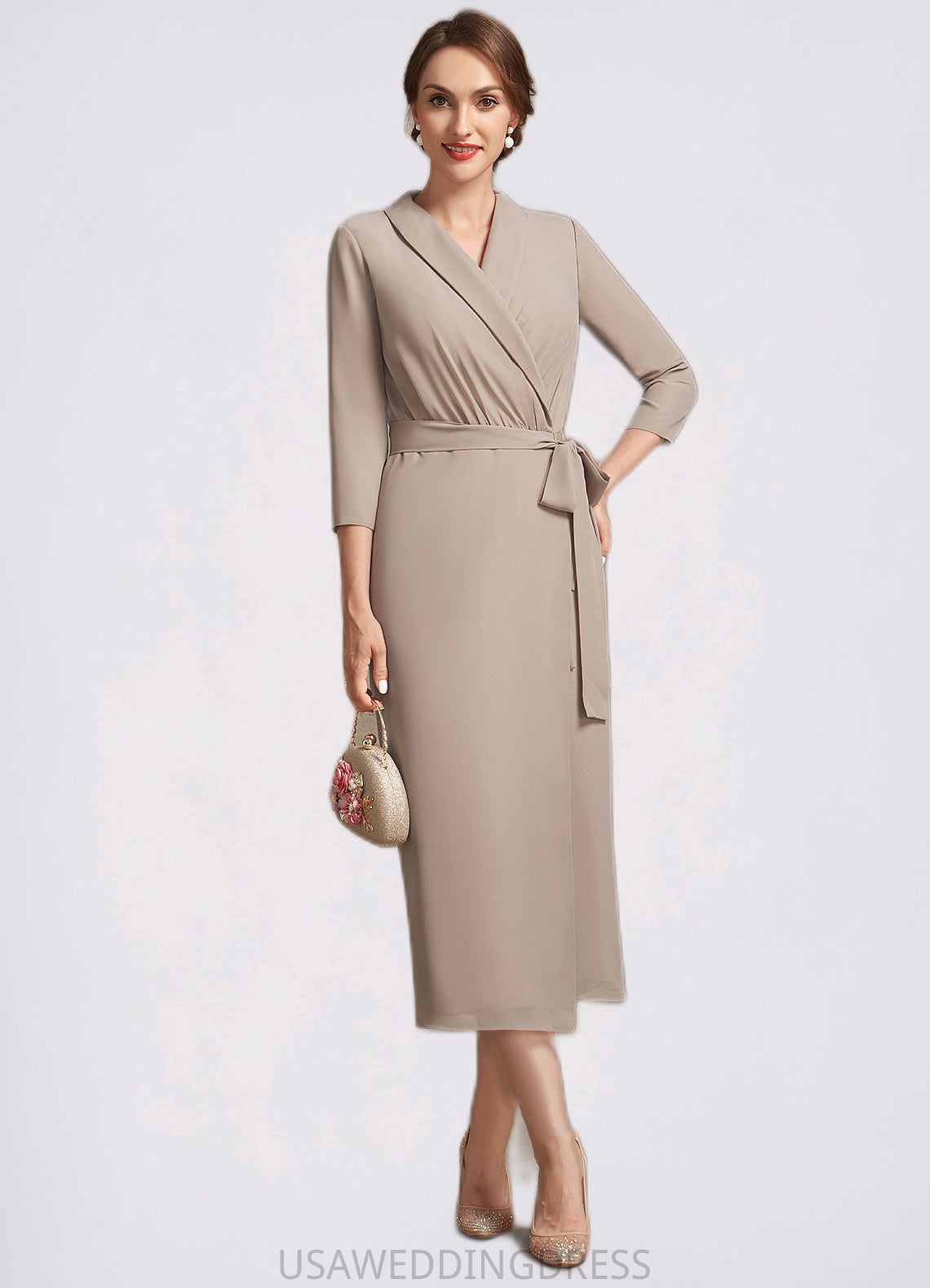 Ivy Sheath/Column V-neck Tea-Length Chiffon Mother of the Bride Dress With Bow(s) DS126P0014891