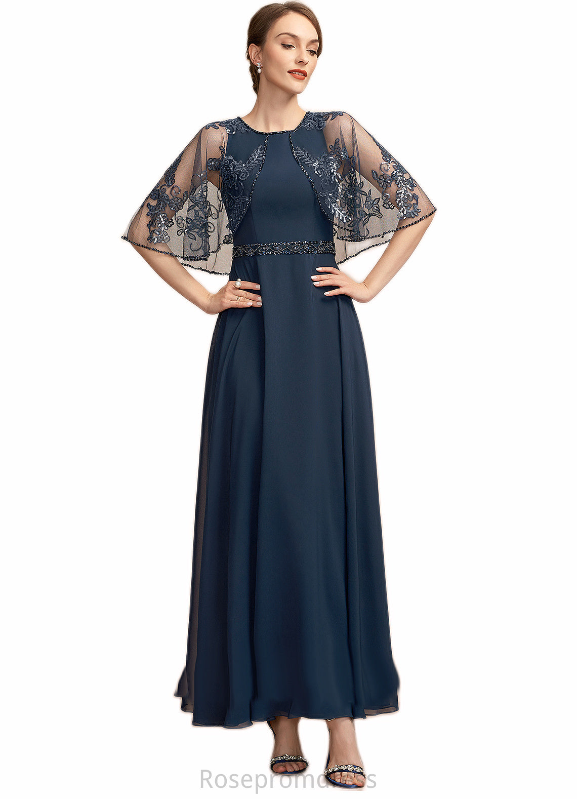 Karina A-Line Scoop Neck Ankle-Length Chiffon Lace Mother of the Bride Dress With Beading Sequins SRS126P0014892