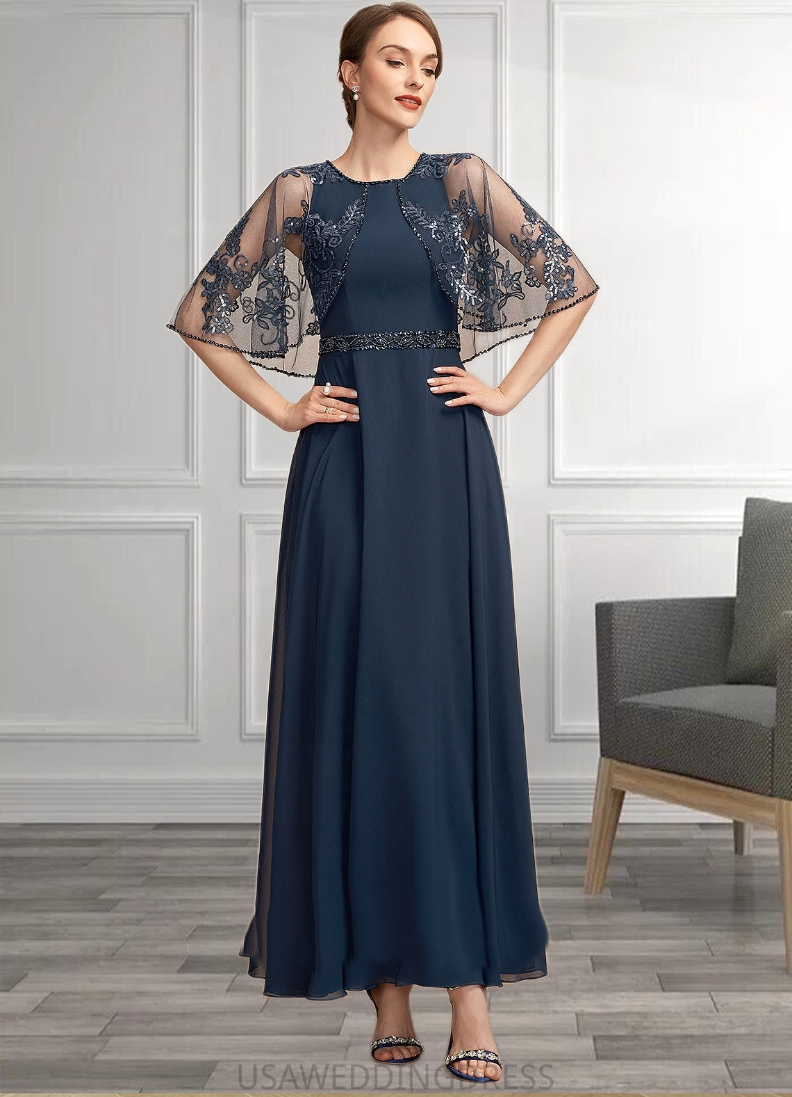 Olive A-Line Scoop Neck Ankle-Length Chiffon Lace Mother of the Bride Dress With Beading Sequins DS126P0014892