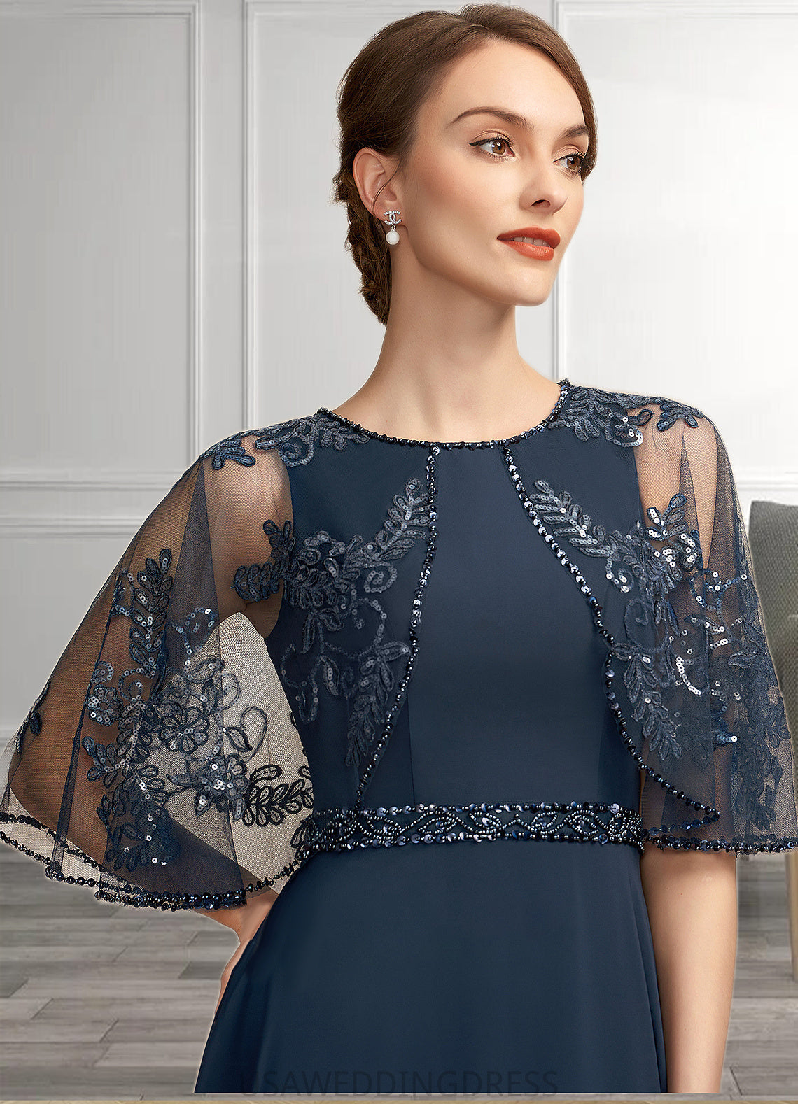 Olive A-Line Scoop Neck Ankle-Length Chiffon Lace Mother of the Bride Dress With Beading Sequins DS126P0014892