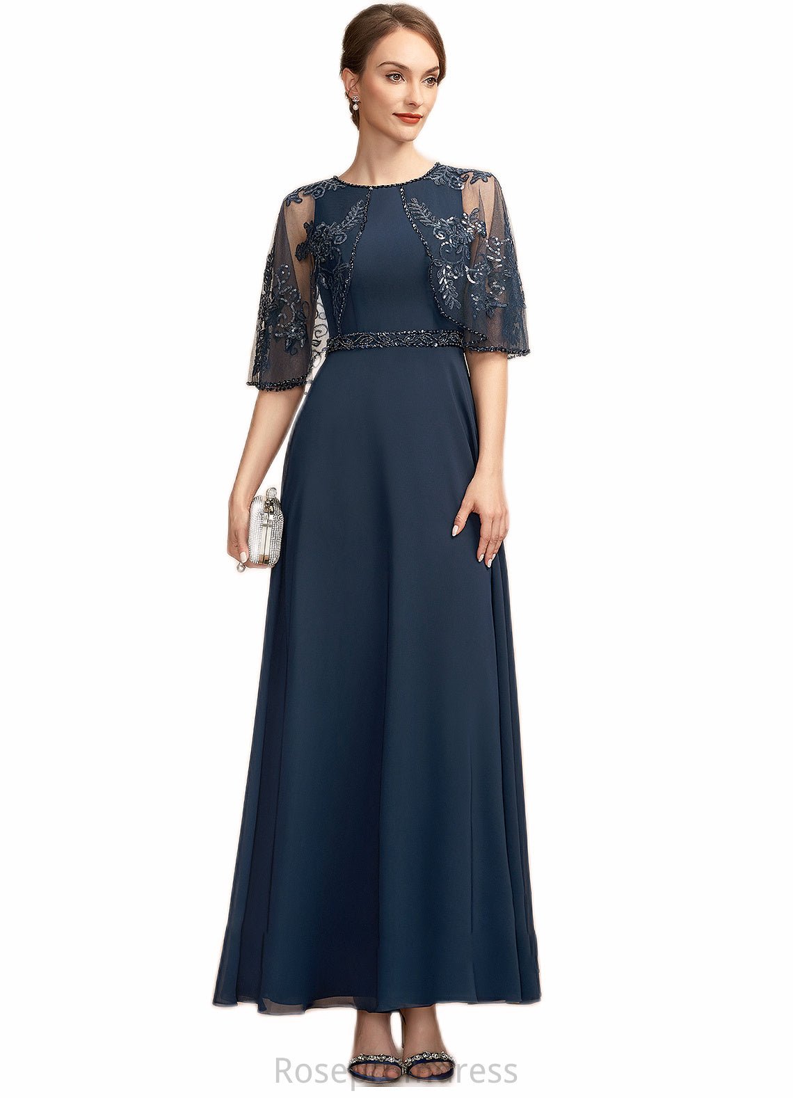 Karina A-Line Scoop Neck Ankle-Length Chiffon Lace Mother of the Bride Dress With Beading Sequins SRS126P0014892
