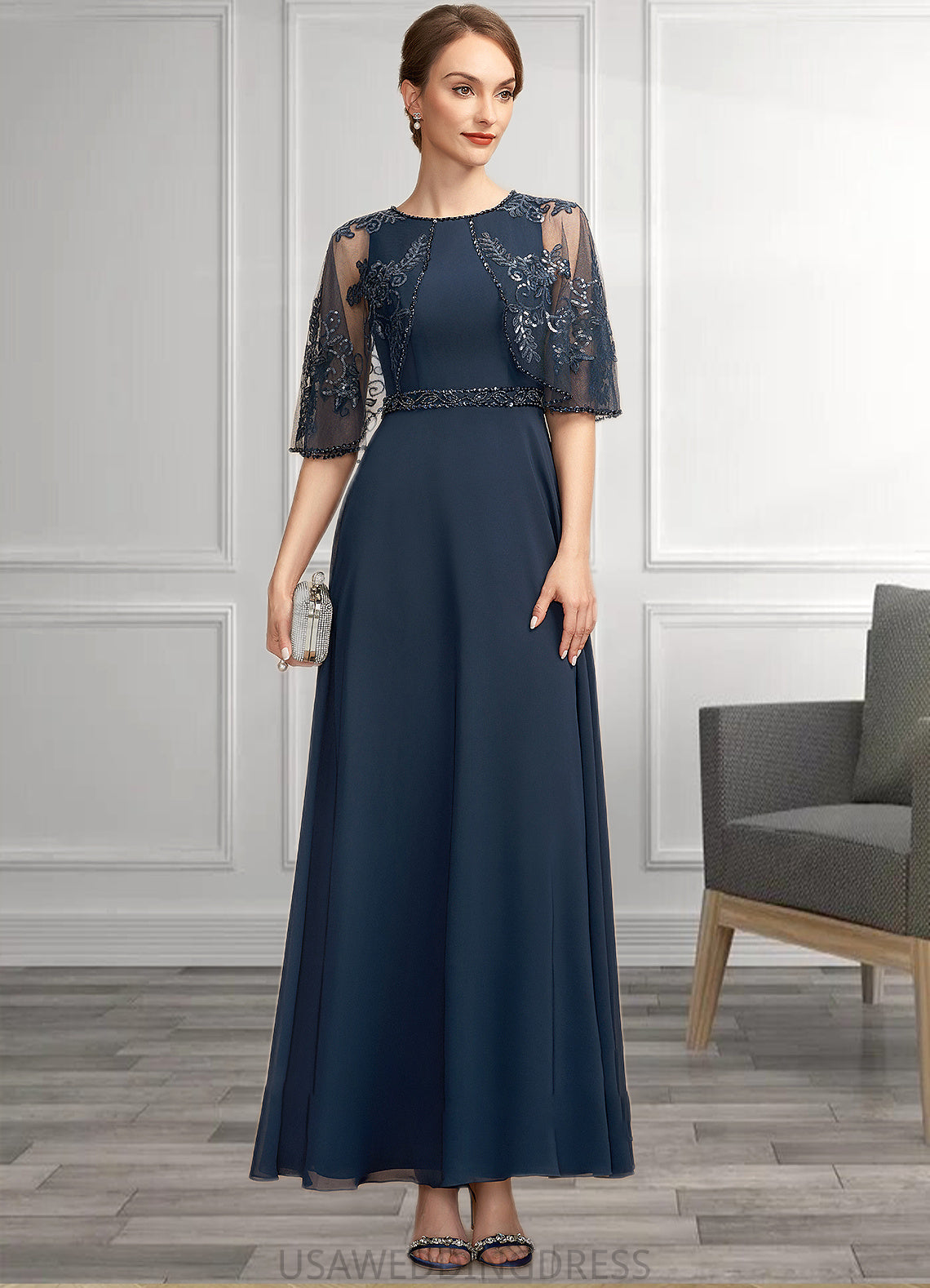Olive A-Line Scoop Neck Ankle-Length Chiffon Lace Mother of the Bride Dress With Beading Sequins DS126P0014892