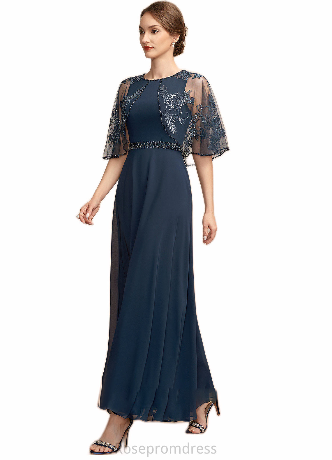 Karina A-Line Scoop Neck Ankle-Length Chiffon Lace Mother of the Bride Dress With Beading Sequins SRS126P0014892