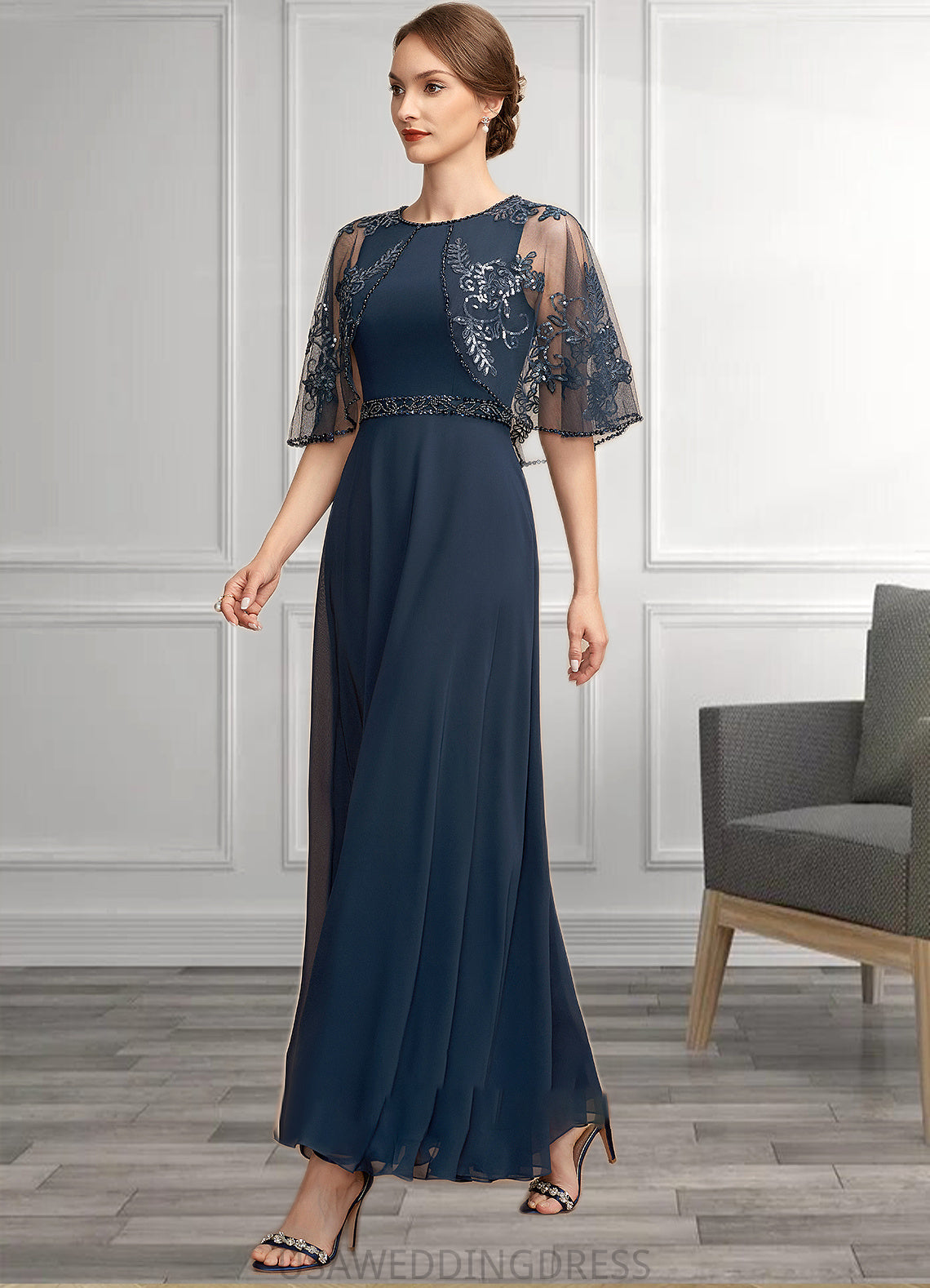 Olive A-Line Scoop Neck Ankle-Length Chiffon Lace Mother of the Bride Dress With Beading Sequins DS126P0014892