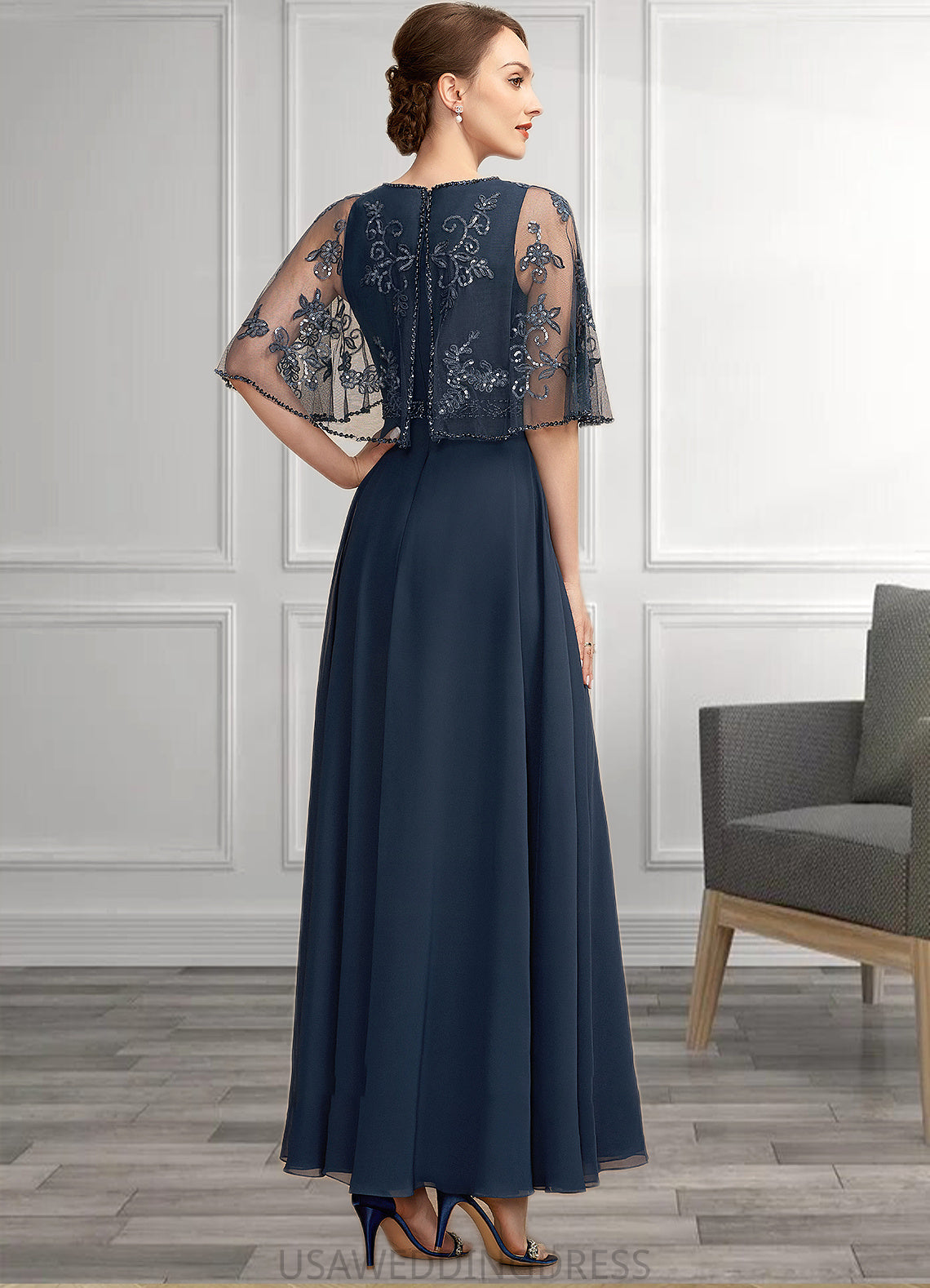 Olive A-Line Scoop Neck Ankle-Length Chiffon Lace Mother of the Bride Dress With Beading Sequins DS126P0014892