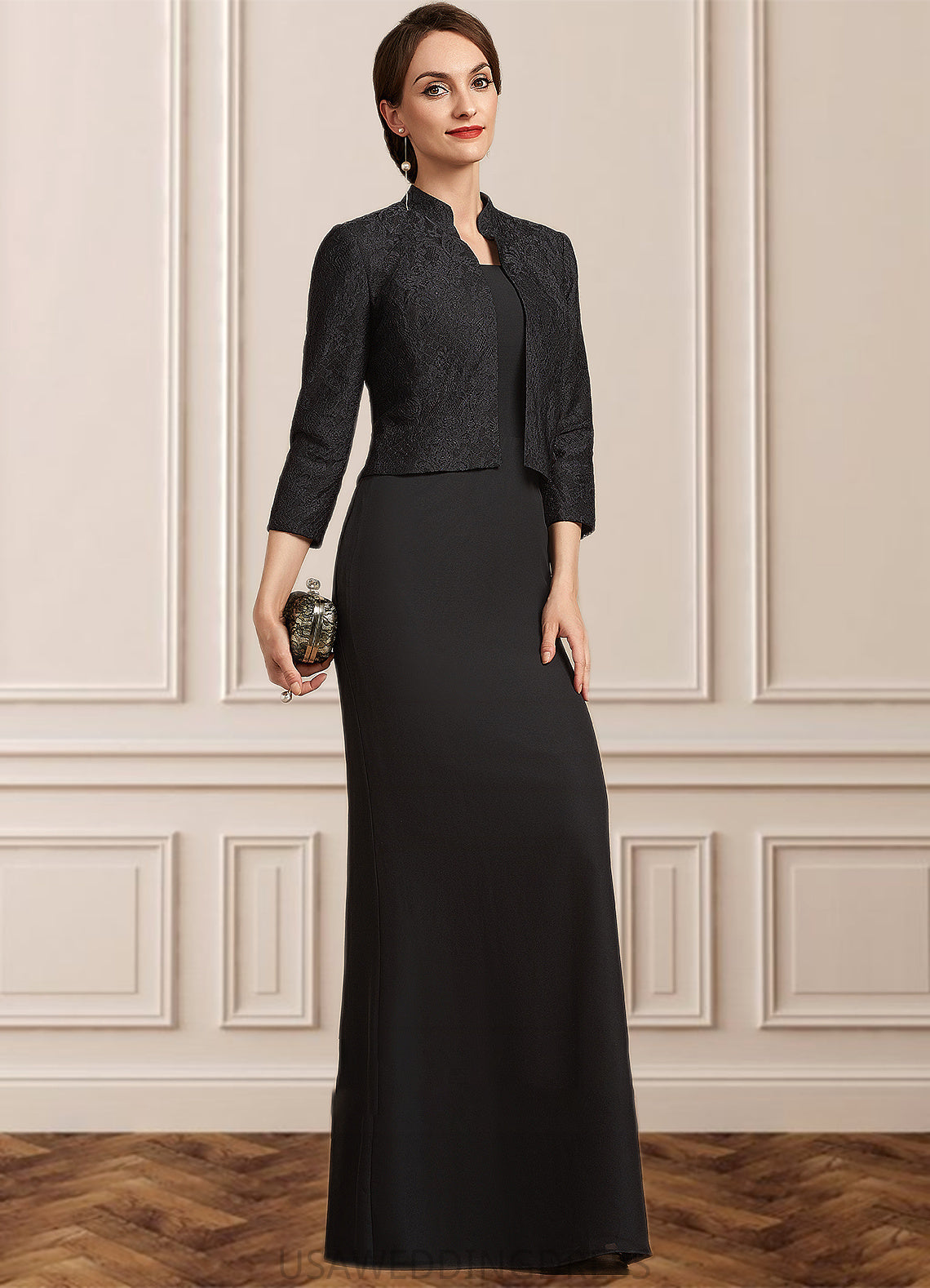 Brenna Sheath/Column Square Neckline Floor-Length Chiffon Mother of the Bride Dress DS126P0014893