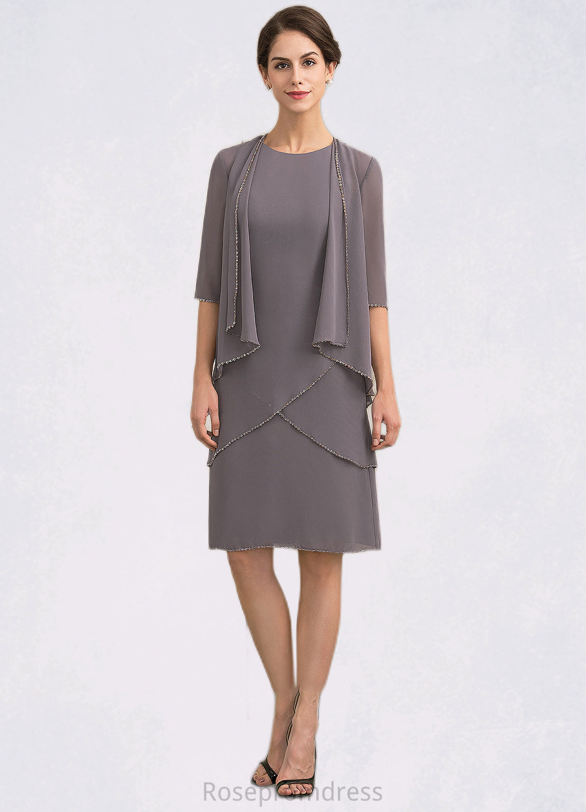 Hannah A-Line Scoop Neck Knee-Length Chiffon Mother of the Bride Dress With Sequins SRS126P0014894