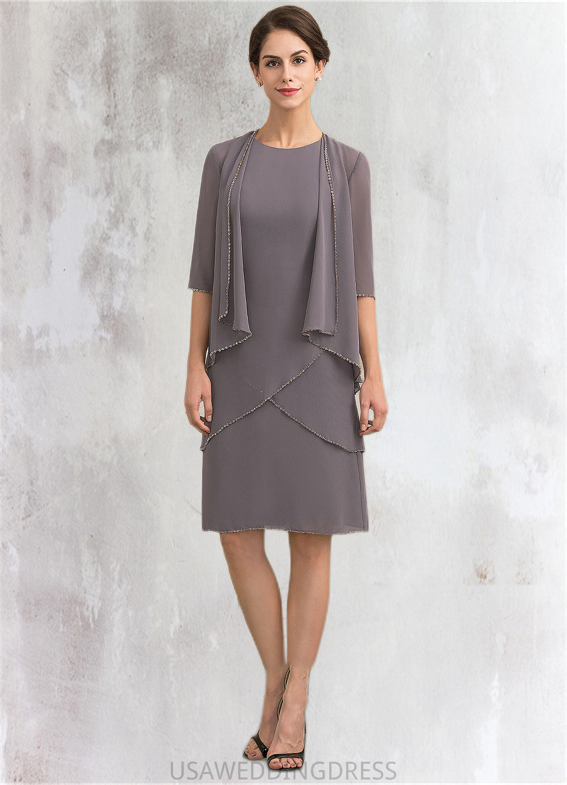 Estrella A-Line Scoop Neck Knee-Length Chiffon Mother of the Bride Dress With Sequins DS126P0014894