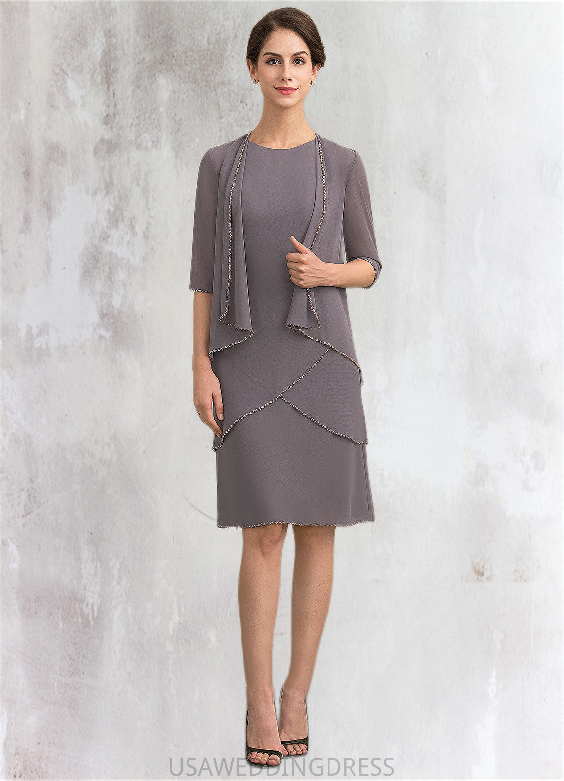 Estrella A-Line Scoop Neck Knee-Length Chiffon Mother of the Bride Dress With Sequins DS126P0014894