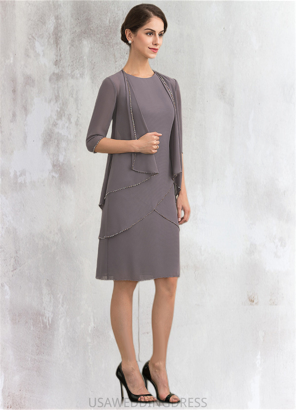 Estrella A-Line Scoop Neck Knee-Length Chiffon Mother of the Bride Dress With Sequins DS126P0014894