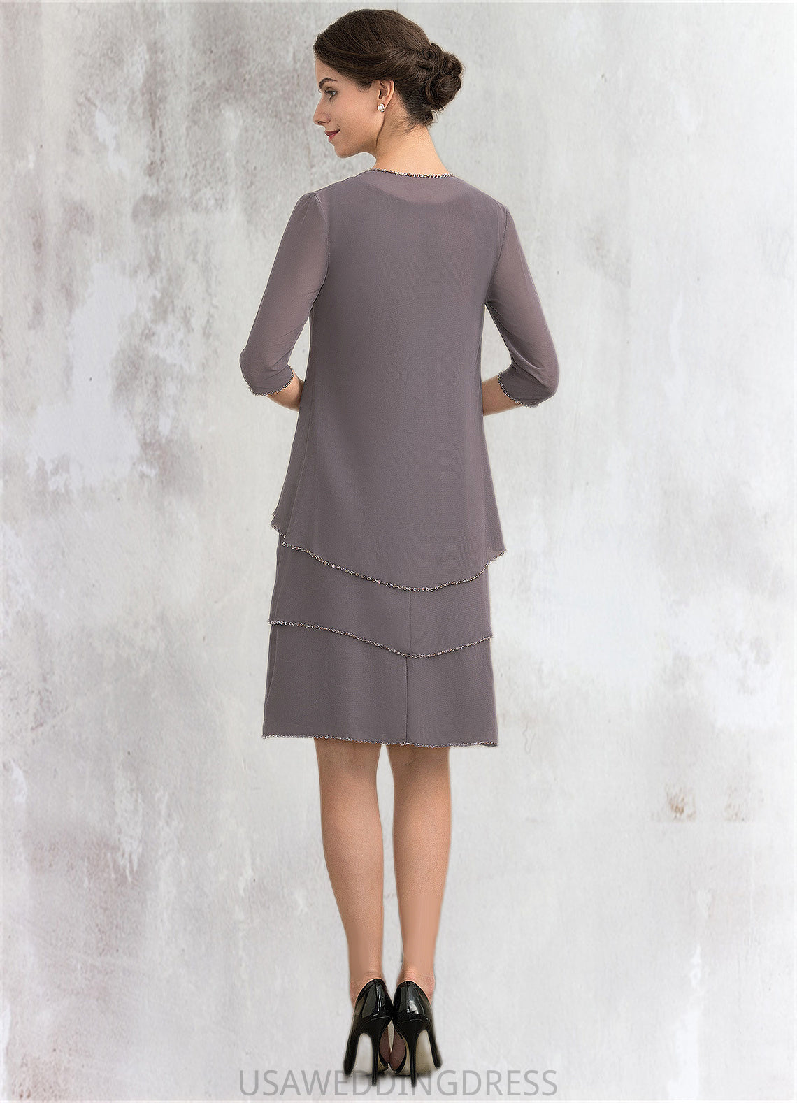 Estrella A-Line Scoop Neck Knee-Length Chiffon Mother of the Bride Dress With Sequins DS126P0014894