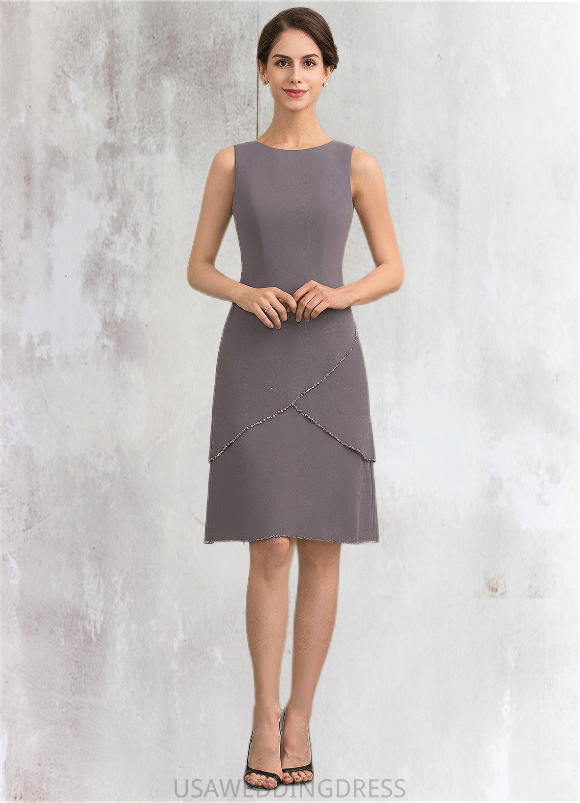 Estrella A-Line Scoop Neck Knee-Length Chiffon Mother of the Bride Dress With Sequins DS126P0014894