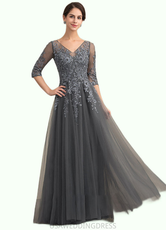 Julia A-Line V-neck Floor-Length Tulle Lace Mother of the Bride Dress With Beading Sequins DS126P0014895
