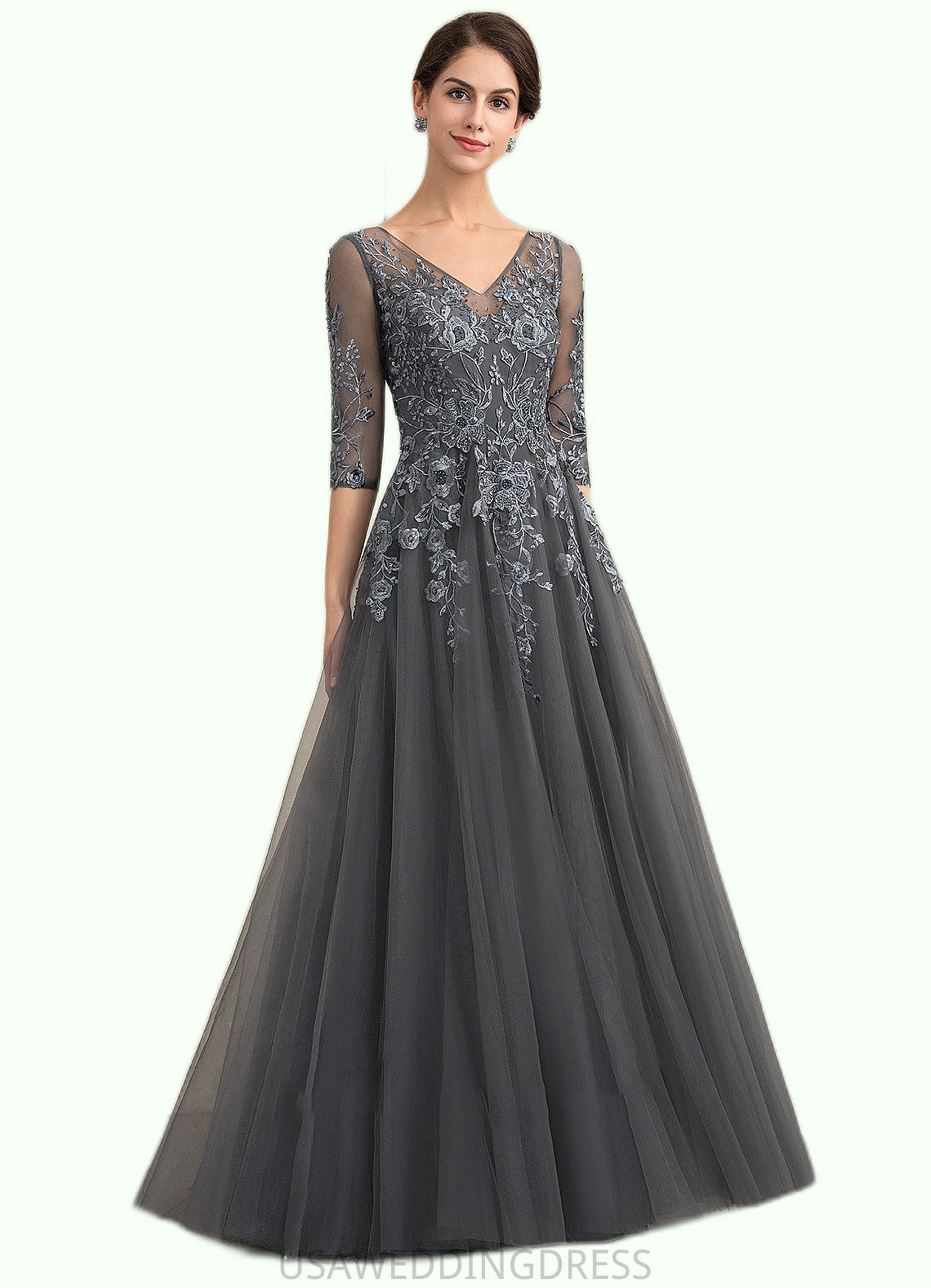 Julia A-Line V-neck Floor-Length Tulle Lace Mother of the Bride Dress With Beading Sequins DS126P0014895