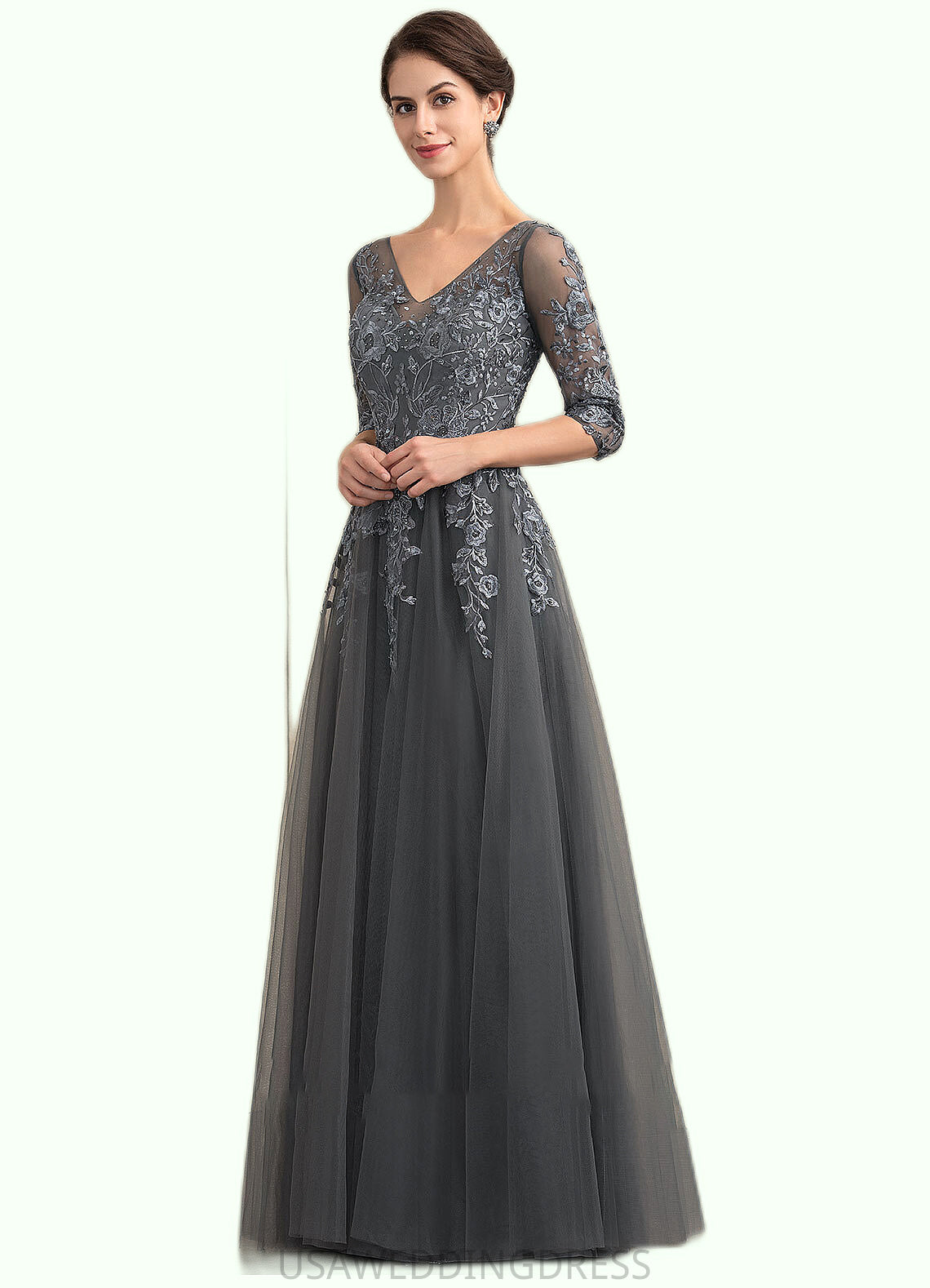 Julia A-Line V-neck Floor-Length Tulle Lace Mother of the Bride Dress With Beading Sequins DS126P0014895