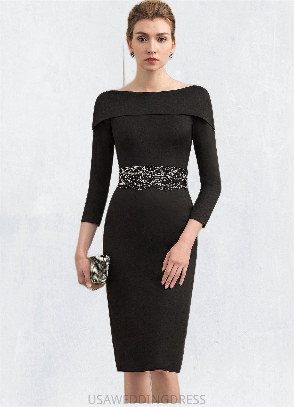 Paisley Sheath/Column Off-the-Shoulder Knee-Length Jersey Mother of the Bride Dress With Beading Sequins DS126P0014897