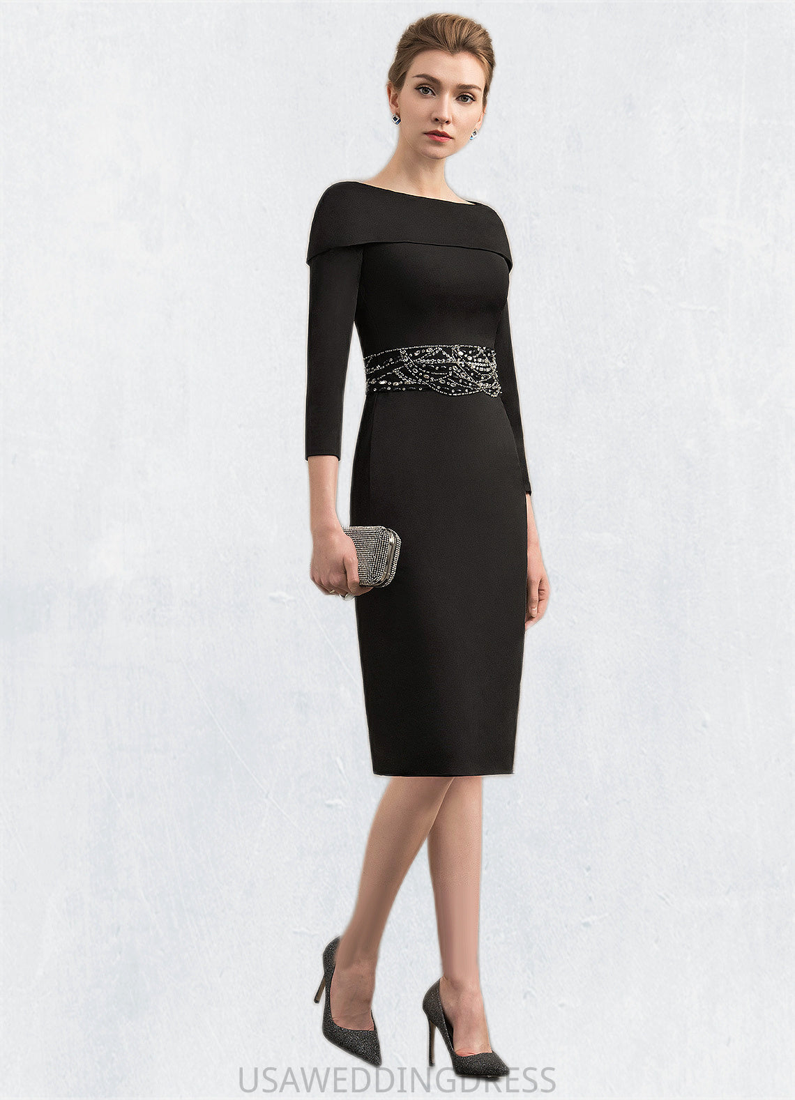 Paisley Sheath/Column Off-the-Shoulder Knee-Length Jersey Mother of the Bride Dress With Beading Sequins DS126P0014897