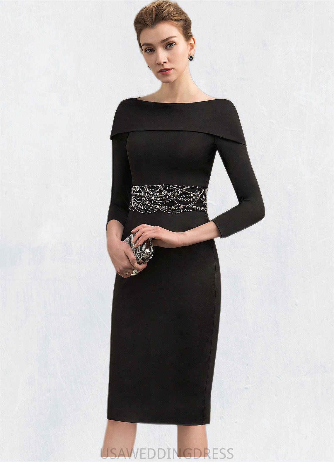 Paisley Sheath/Column Off-the-Shoulder Knee-Length Jersey Mother of the Bride Dress With Beading Sequins DS126P0014897
