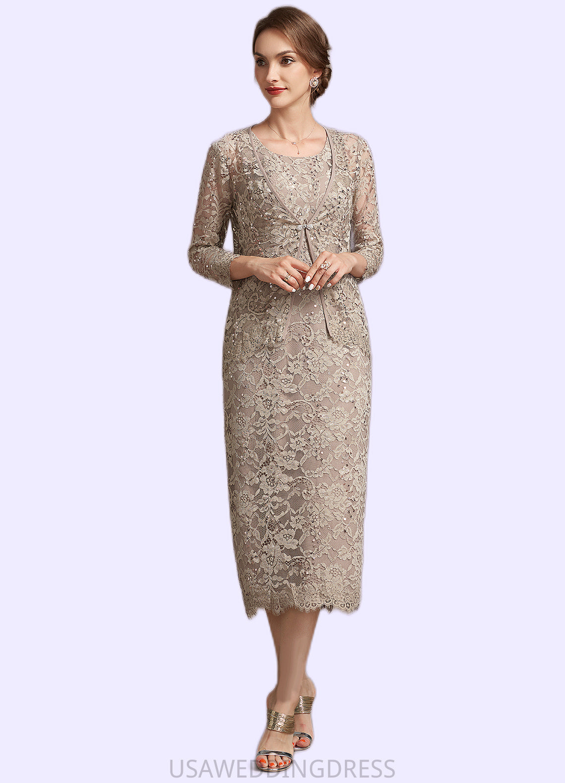 Elise Sheath/Column Scoop Neck Tea-Length Lace Mother of the Bride Dress With Sequins DS126P0014898