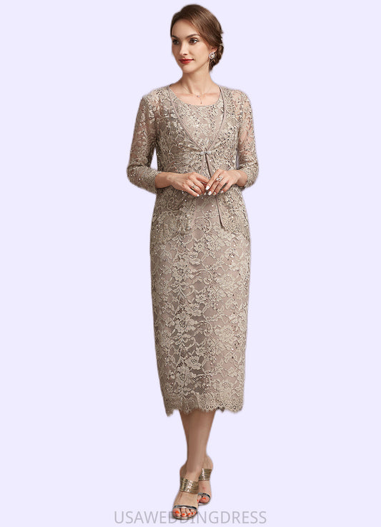 Elise Sheath/Column Scoop Neck Tea-Length Lace Mother of the Bride Dress With Sequins DS126P0014898