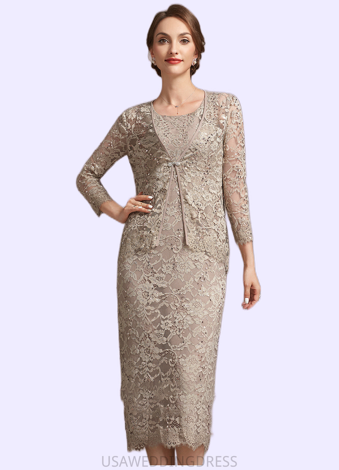 Elise Sheath/Column Scoop Neck Tea-Length Lace Mother of the Bride Dress With Sequins DS126P0014898