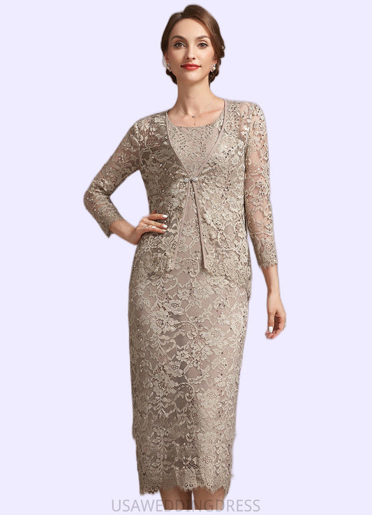 Elise Sheath/Column Scoop Neck Tea-Length Lace Mother of the Bride Dress With Sequins DS126P0014898