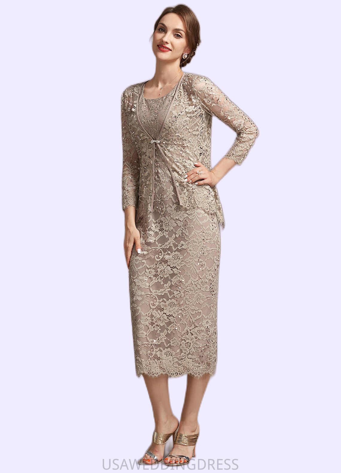 Elise Sheath/Column Scoop Neck Tea-Length Lace Mother of the Bride Dress With Sequins DS126P0014898